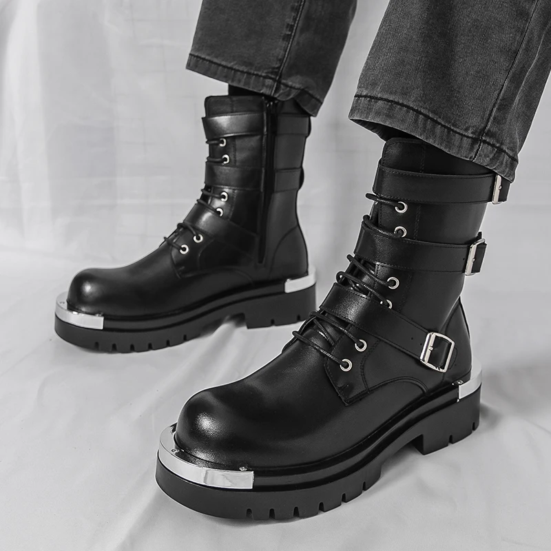 Men Chelsea Boots PU Solid Color Thick Sole Height Increasing High Top Metal Big Toe Workwear Boots