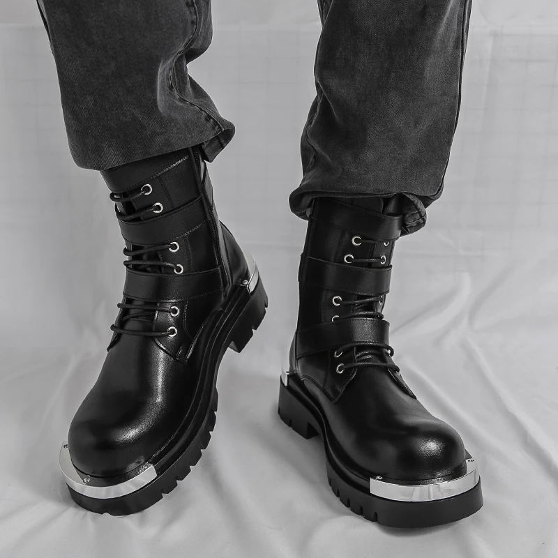 Men Chelsea Boots PU Solid Color Thick Sole Height Increasing High Top Metal Big Toe Workwear Boots