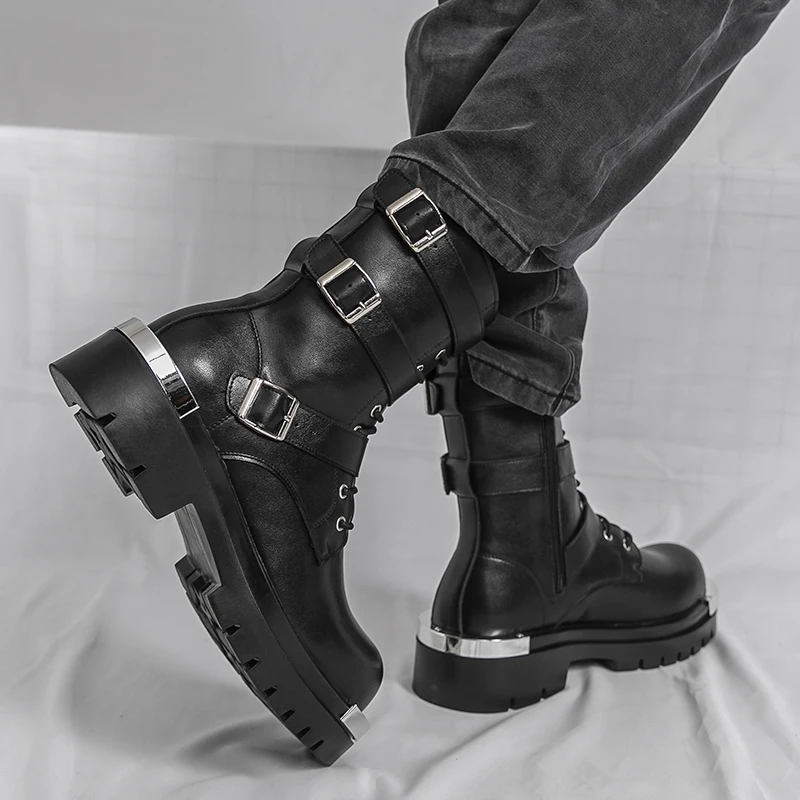 Men Chelsea Boots PU Solid Color Thick Sole Height Increasing High Top Metal Big Toe Workwear Boots