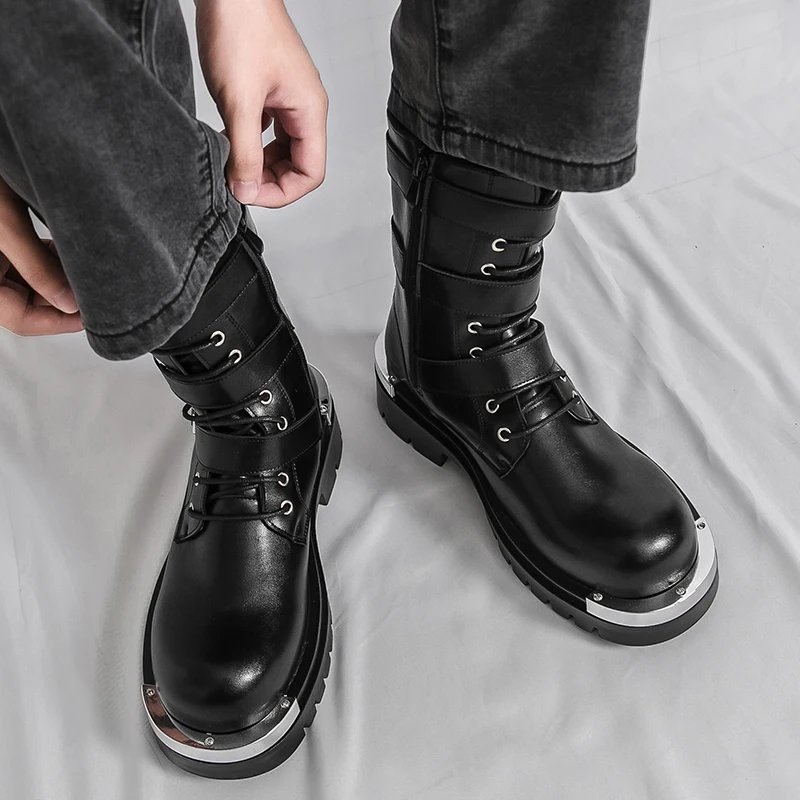 Men Chelsea Boots PU Solid Color Thick Sole Height Increasing High Top Metal Big Toe Workwear Boots