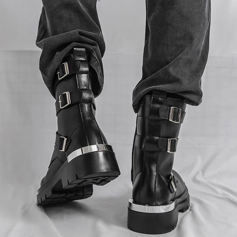 Men Chelsea Boots PU Solid Color Thick Sole Height Increasing High Top Metal Big Toe Workwear Boots