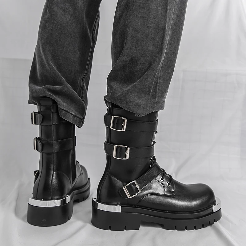 Men Chelsea Boots PU Solid Color Thick Sole Height Increasing High Top Metal Big Toe Workwear Boots