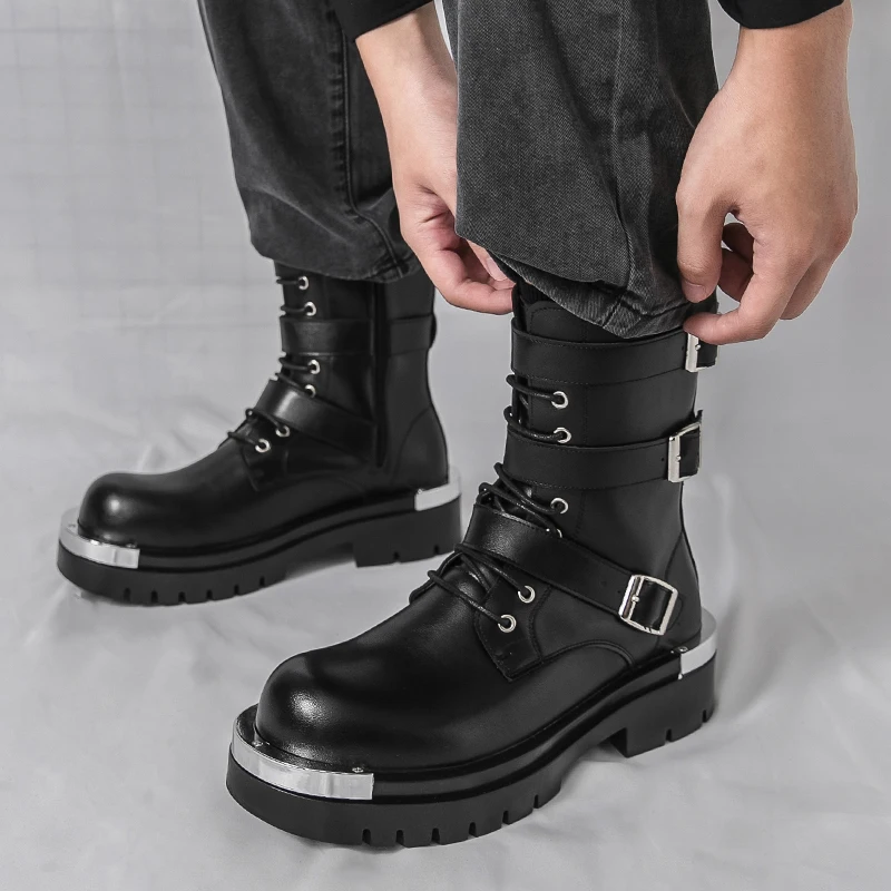 Men Chelsea Boots PU Solid Color Thick Sole Height Increasing High Top Metal Big Toe Workwear Boots