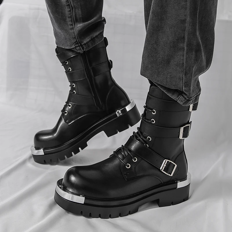 Men Chelsea Boots PU Solid Color Thick Sole Height Increasing High Top Metal Big Toe Workwear Boots