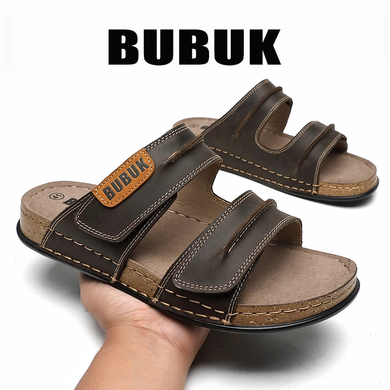 Bubuk Men's First-Layer Cowhide Slip-On Sandals with Double Velcro Straps, Vintage Distressed Leather Surface, Breathable and Non-Abrasive, Suitable for Both Outdoor and Home Use