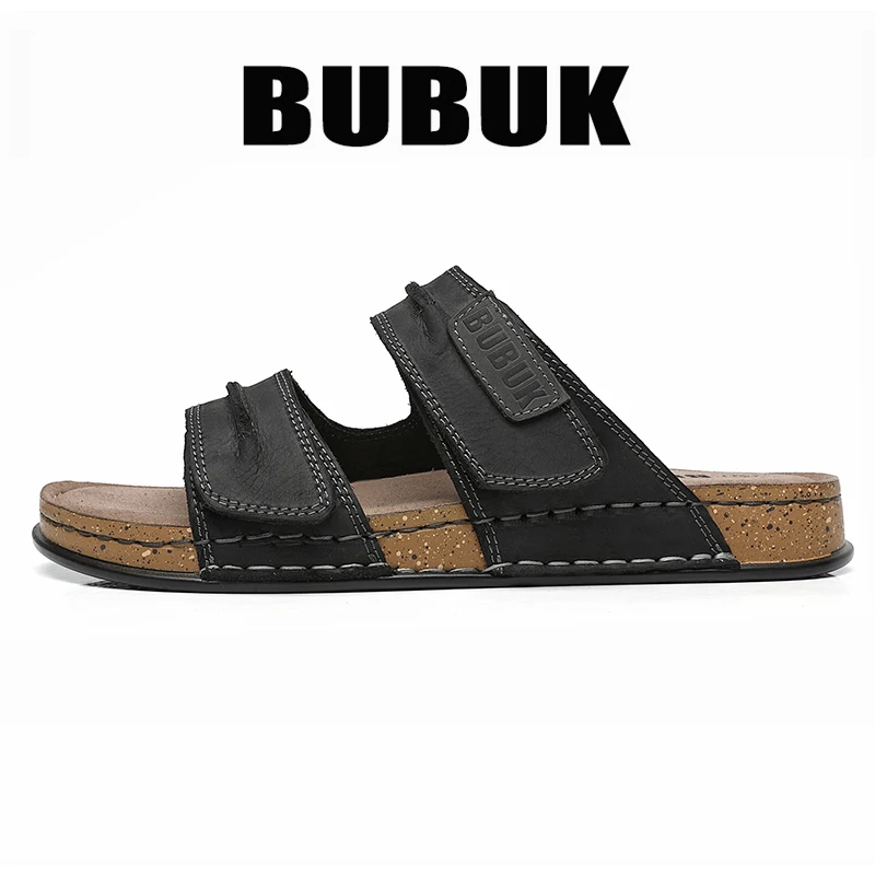 Bubuk Men's First-Layer Cowhide Slip-On Sandals with Double Velcro Straps, Vintage Distressed Leather Surface, Breathable and Non-Abrasive, Suitable for Both Outdoor and Home Use