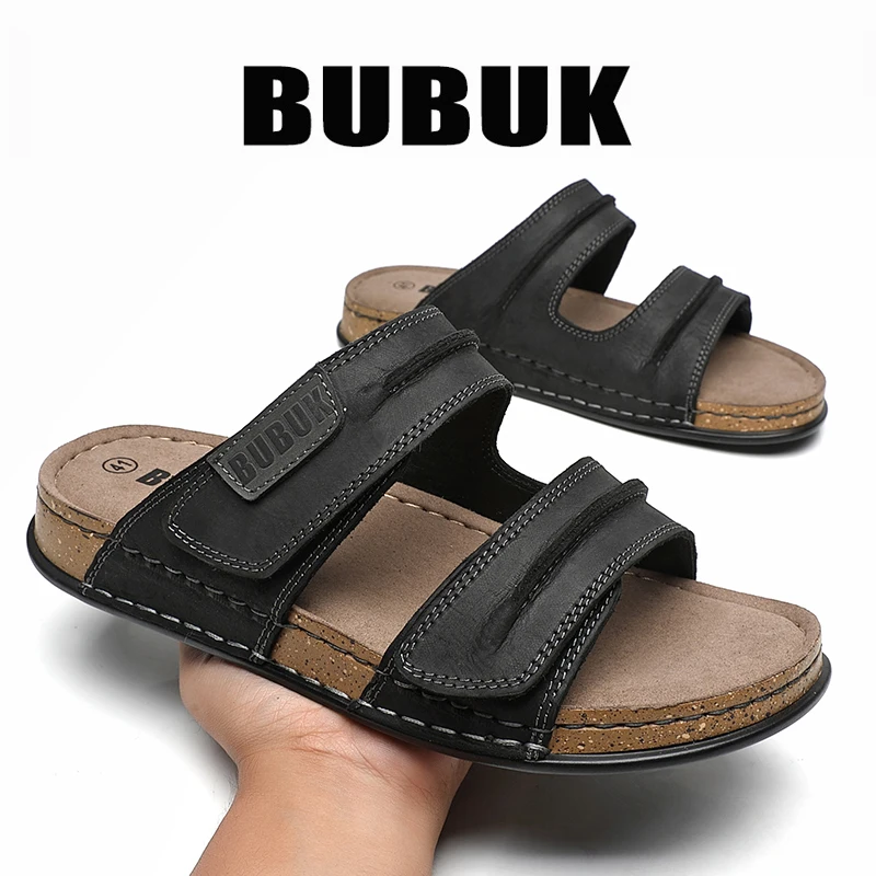 Bubuk Men's First-Layer Cowhide Slip-On Sandals with Double Velcro Straps, Vintage Distressed Leather Surface, Breathable and Non-Abrasive, Suitable for Both Outdoor and Home Use