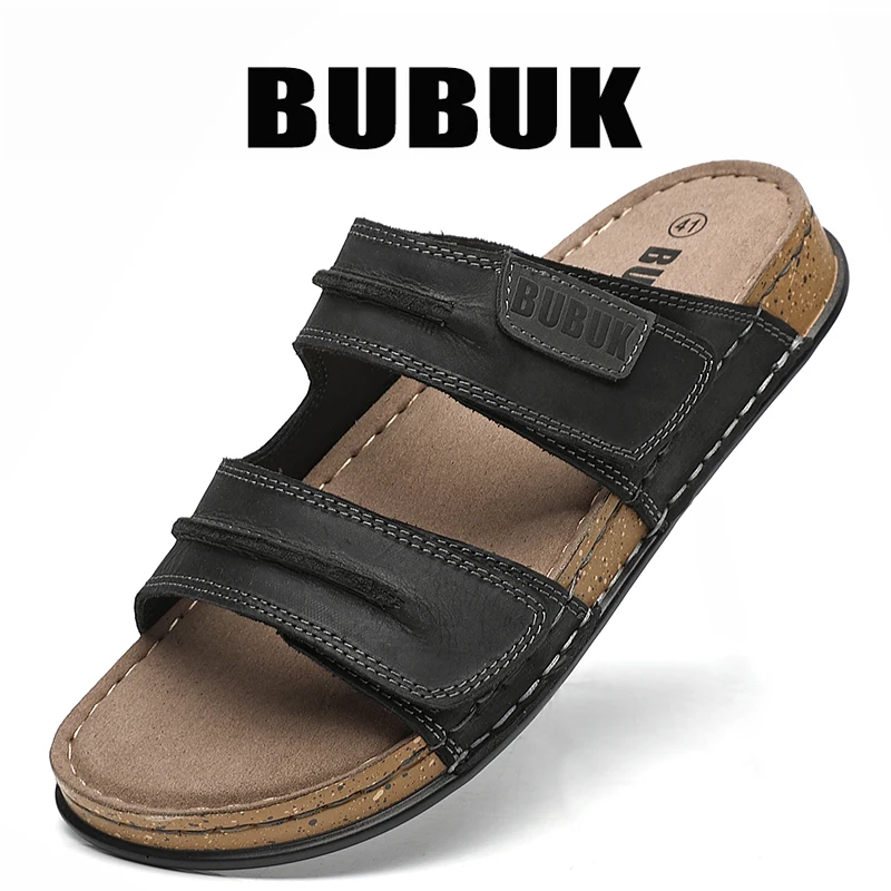 Bubuk Men's First-Layer Cowhide Slip-On Sandals with Double Velcro Straps, Vintage Distressed Leather Surface, Breathable and Non-Abrasive, Suitable for Both Outdoor and Home Use