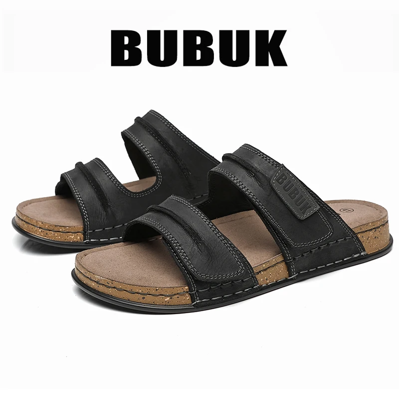 Bubuk Men's First-Layer Cowhide Slip-On Sandals with Double Velcro Straps, Vintage Distressed Leather Surface, Breathable and Non-Abrasive, Suitable for Both Outdoor and Home Use