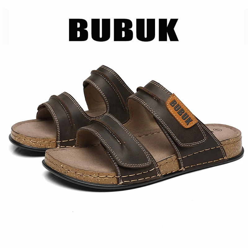 Bubuk Men's First-Layer Cowhide Slip-On Sandals with Double Velcro Straps, Vintage Distressed Leather Surface, Breathable and Non-Abrasive, Suitable for Both Outdoor and Home Use