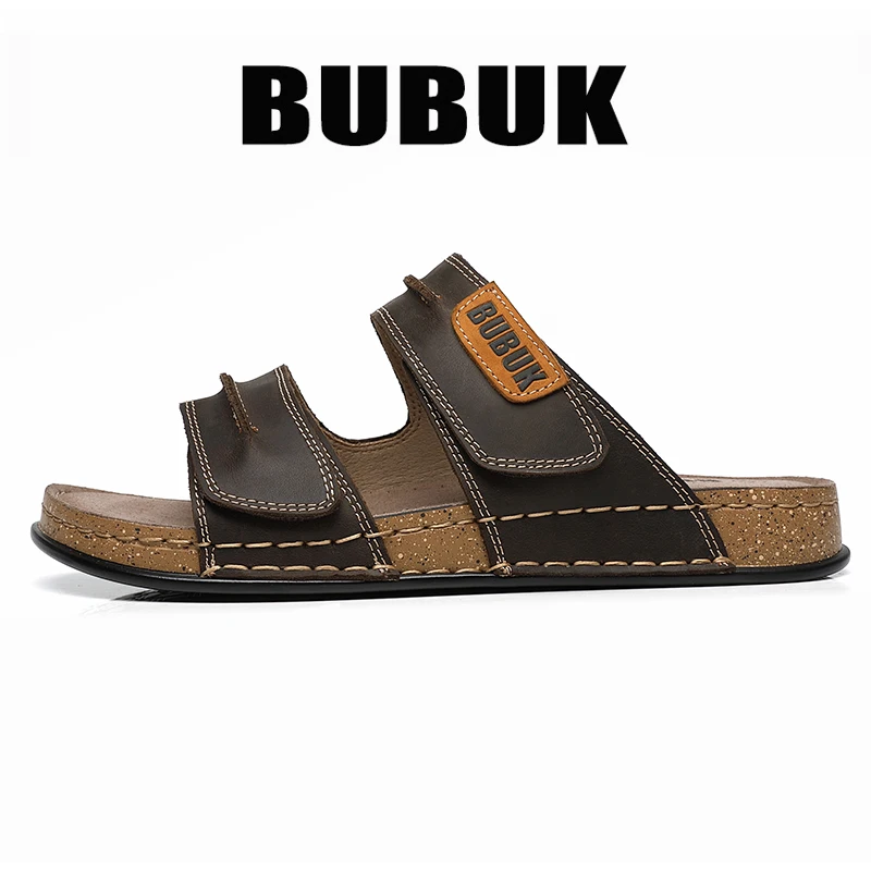 Bubuk Men's First-Layer Cowhide Slip-On Sandals with Double Velcro Straps, Vintage Distressed Leather Surface, Breathable and Non-Abrasive, Suitable for Both Outdoor and Home Use