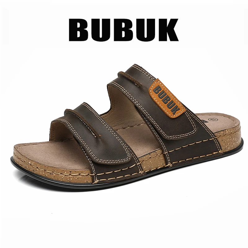 Bubuk Men's First-Layer Cowhide Slip-On Sandals with Double Velcro Straps, Vintage Distressed Leather Surface, Breathable and Non-Abrasive, Suitable for Both Outdoor and Home Use