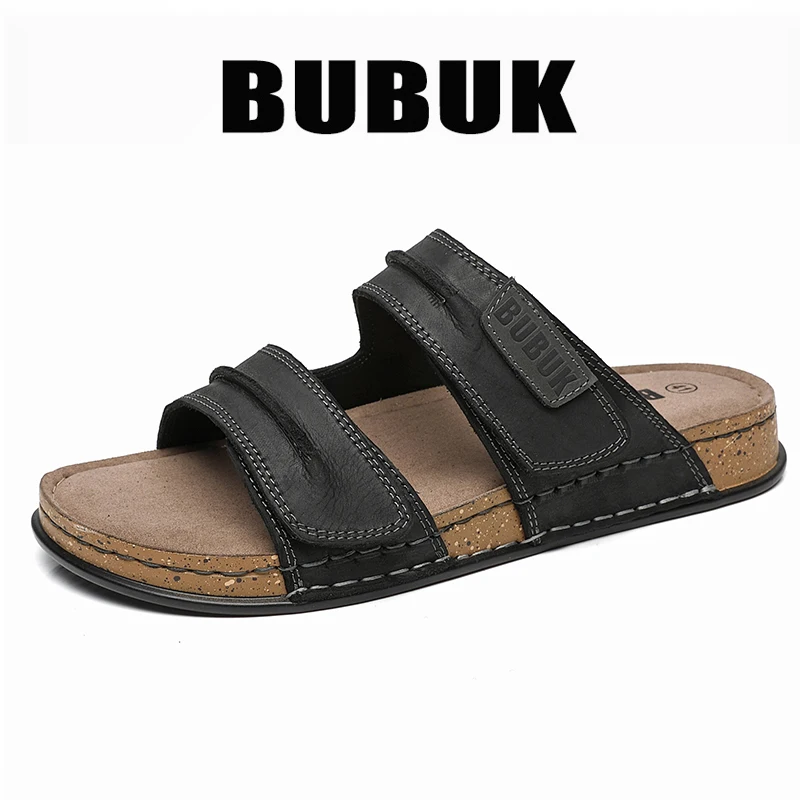 Bubuk Men's First-Layer Cowhide Slip-On Sandals with Double Velcro Straps, Vintage Distressed Leather Surface, Breathable and Non-Abrasive, Suitable for Both Outdoor and Home Use