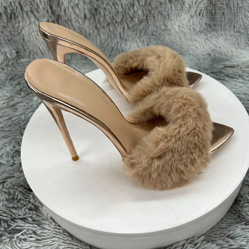2026 Newly 12cm 10cm 8cm Gold Black Furry Flufft Woman Sexy Pointed Toe Slipper Ladies High Heel Sandal for Party Evening Events