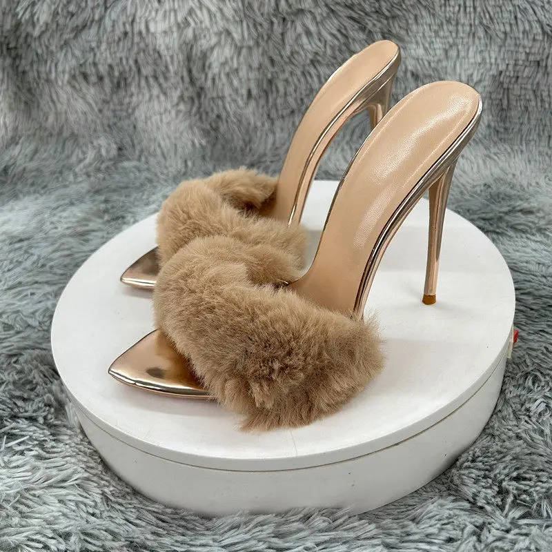 2026 Newly 12cm 10cm 8cm Gold Black Furry Flufft Woman Sexy Pointed Toe Slipper Ladies High Heel Sandal for Party Evening Events