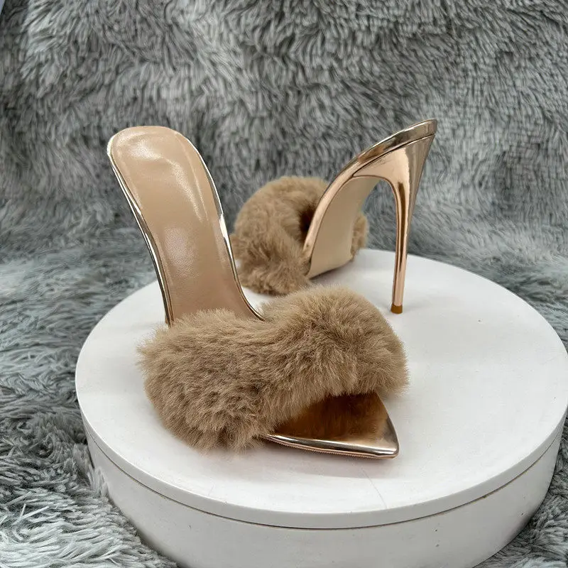 2026 Newly 12cm 10cm 8cm Gold Black Furry Flufft Woman Sexy Pointed Toe Slipper Ladies High Heel Sandal for Party Evening Events