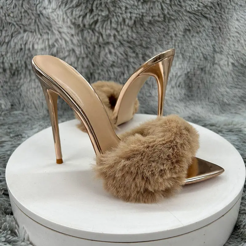 2026 Newly 12cm 10cm 8cm Gold Black Furry Flufft Woman Sexy Pointed Toe Slipper Ladies High Heel Sandal for Party Evening Events