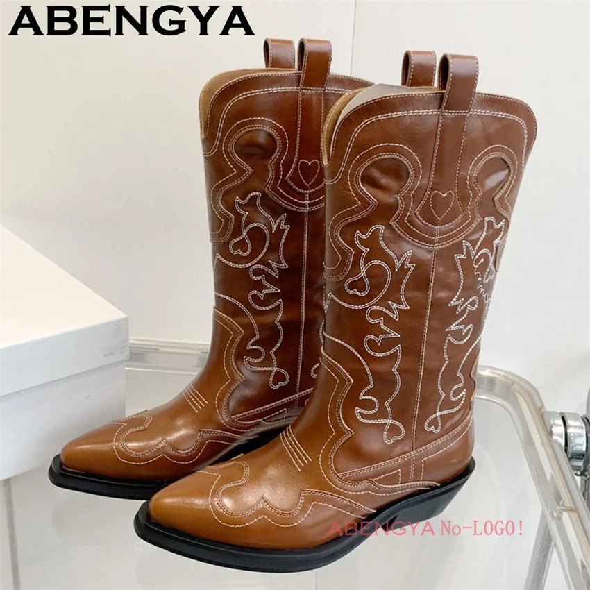 Classic Knee High Cowboy Knight Boots Women Multicolour Quality Real Leather Pointy Toe Chelsea Boots Winter Fashion Week Boots