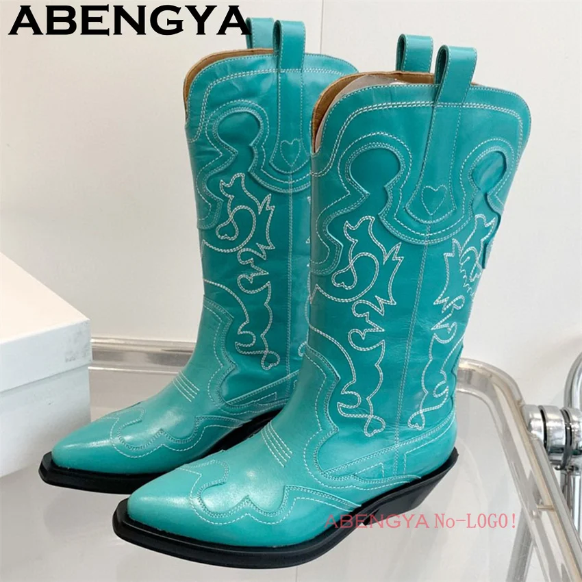 Classic Knee High Cowboy Knight Boots Women Multicolour Quality Real Leather Pointy Toe Chelsea Boots Winter Fashion Week Boots