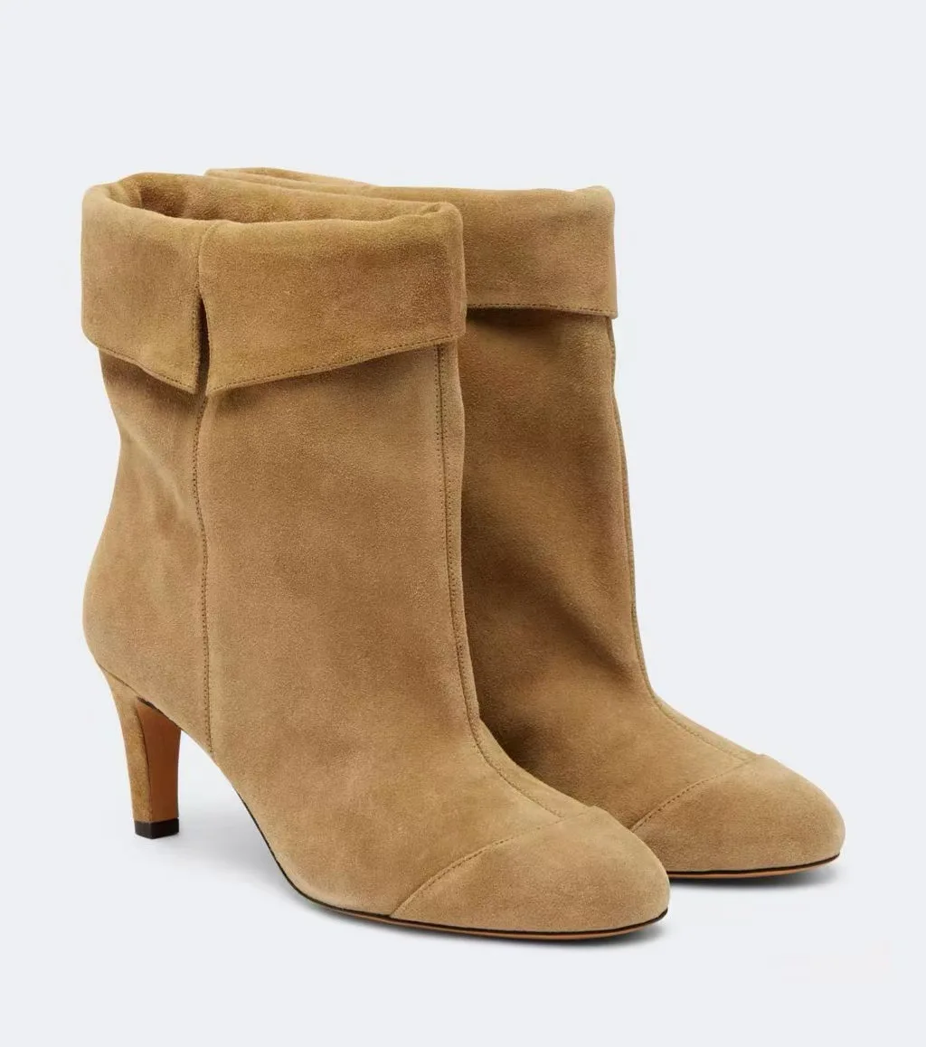 2026 Fall new in suede causal dress ankle boots Women‘s round toe black/brown leather high heels booties luxury designer shoes
