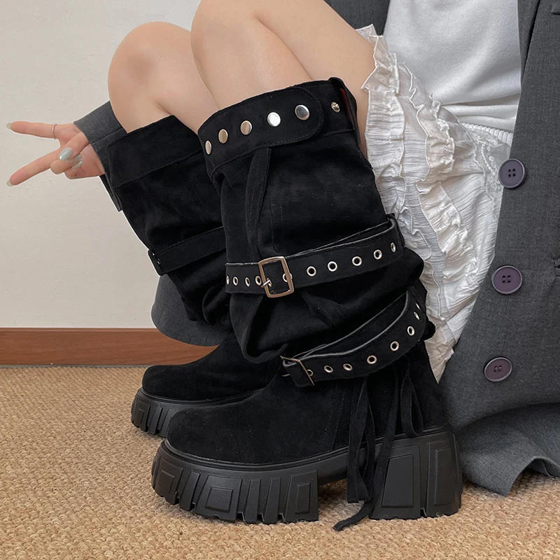2026 New Niche Belt Buckle Large Tube Circumference Stacked Over The Knee Thick Sole Increasing Fashion Boots