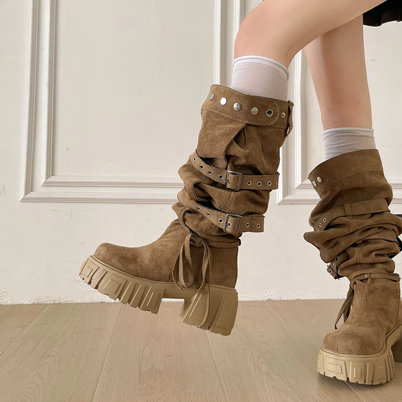 2026 New Niche Belt Buckle Large Tube Circumference Stacked Over The Knee Thick Sole Increasing Fashion Boots