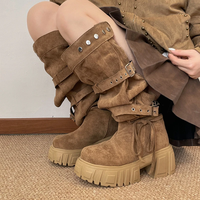 2026 New Niche Belt Buckle Large Tube Circumference Stacked Over The Knee Thick Sole Increasing Fashion Boots