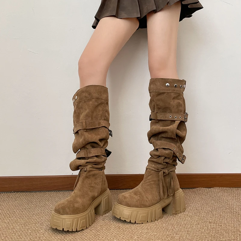 2026 New Niche Belt Buckle Large Tube Circumference Stacked Over The Knee Thick Sole Increasing Fashion Boots