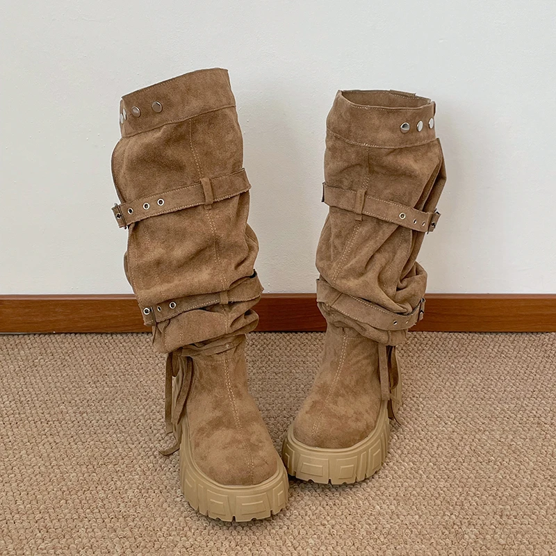 2026 New Niche Belt Buckle Large Tube Circumference Stacked Over The Knee Thick Sole Increasing Fashion Boots