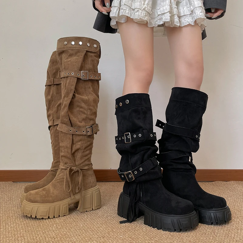 2026 New Niche Belt Buckle Large Tube Circumference Stacked Over The Knee Thick Sole Increasing Fashion Boots