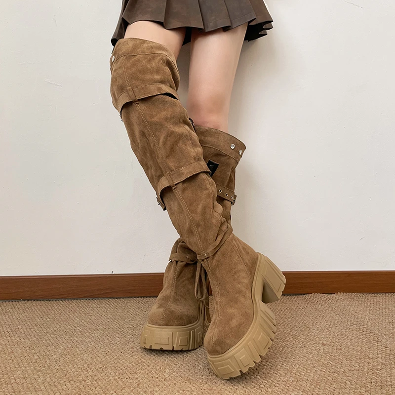 2026 New Niche Belt Buckle Large Tube Circumference Stacked Over The Knee Thick Sole Increasing Fashion Boots
