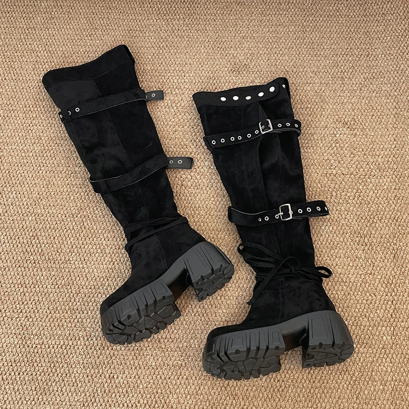 2026 New Niche Belt Buckle Large Tube Circumference Stacked Over The Knee Thick Sole Increasing Fashion Boots
