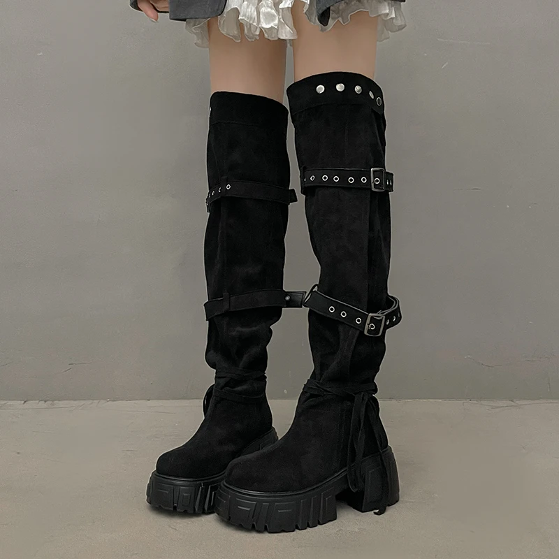 2026 New Niche Belt Buckle Large Tube Circumference Stacked Over The Knee Thick Sole Increasing Fashion Boots