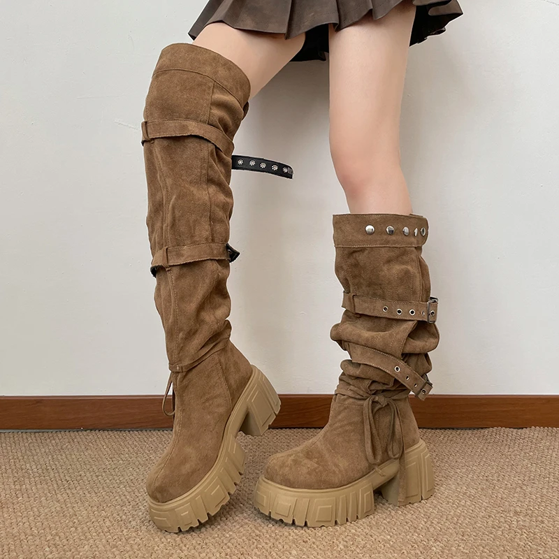 2026 New Niche Belt Buckle Large Tube Circumference Stacked Over The Knee Thick Sole Increasing Fashion Boots
