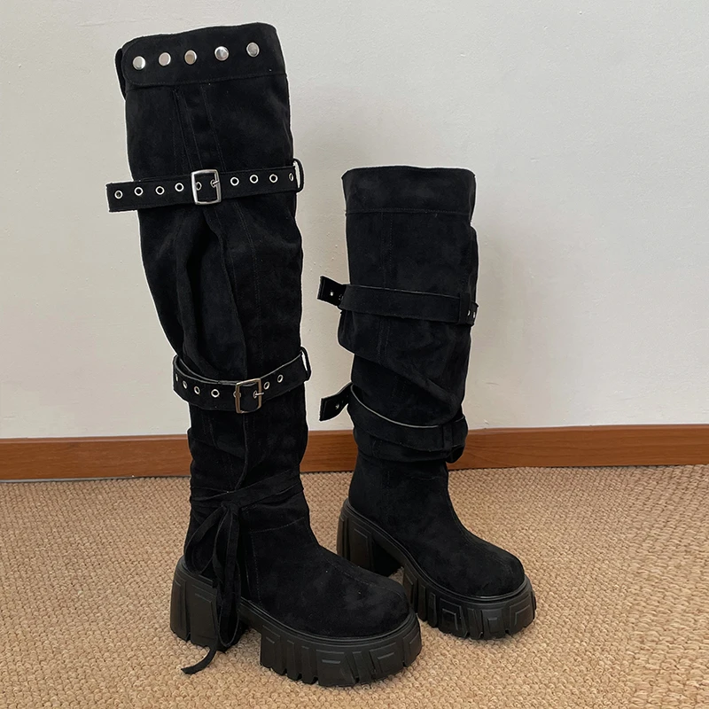 2026 New Niche Belt Buckle Large Tube Circumference Stacked Over The Knee Thick Sole Increasing Fashion Boots
