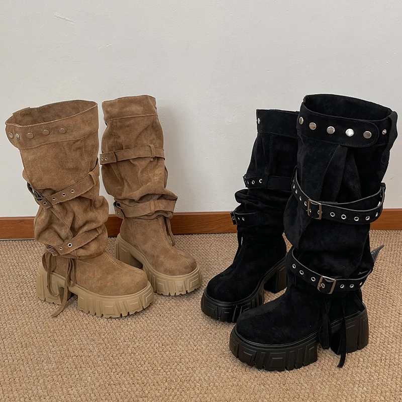 2026 New Niche Belt Buckle Large Tube Circumference Stacked Over The Knee Thick Sole Increasing Fashion Boots