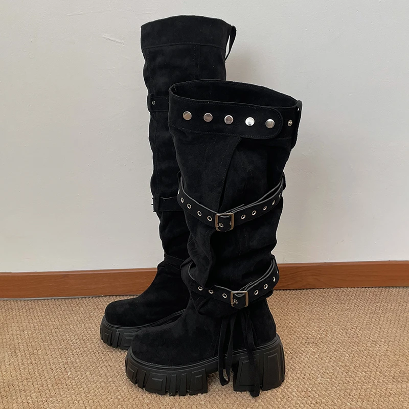 2026 New Niche Belt Buckle Large Tube Circumference Stacked Over The Knee Thick Sole Increasing Fashion Boots