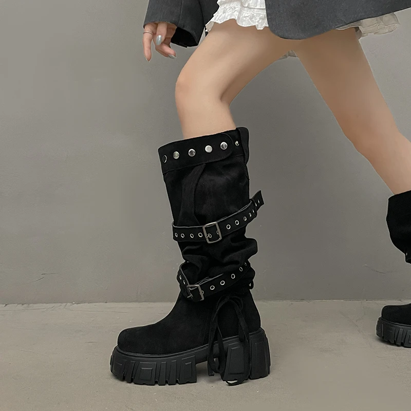2026 New Niche Belt Buckle Large Tube Circumference Stacked Over The Knee Thick Sole Increasing Fashion Boots