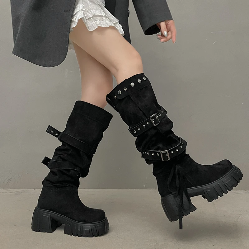 2026 New Niche Belt Buckle Large Tube Circumference Stacked Over The Knee Thick Sole Increasing Fashion Boots