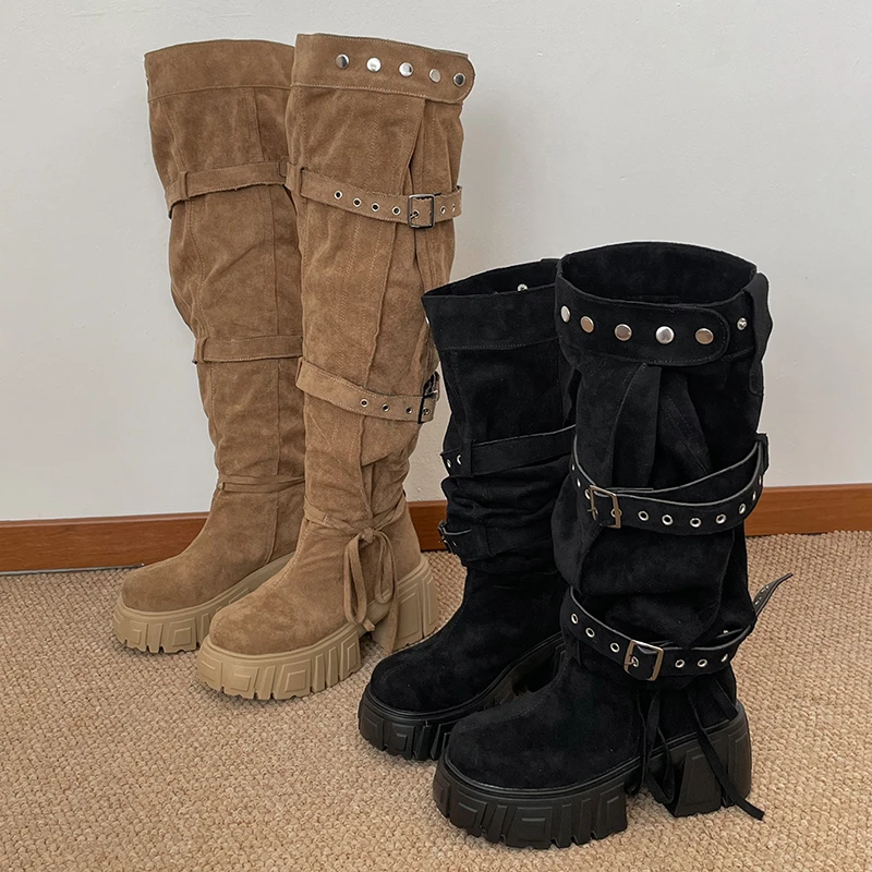 2026 New Niche Belt Buckle Large Tube Circumference Stacked Over The Knee Thick Sole Increasing Fashion Boots