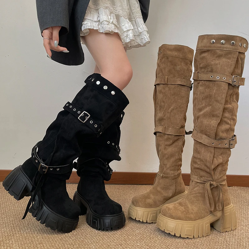 2026 New Niche Belt Buckle Large Tube Circumference Stacked Over The Knee Thick Sole Increasing Fashion Boots