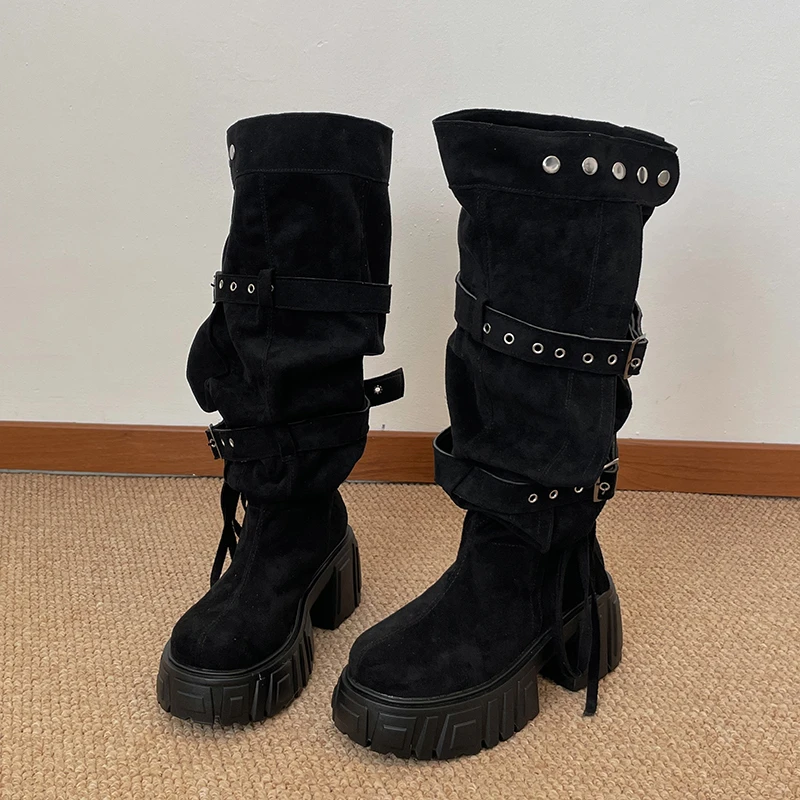 2026 New Niche Belt Buckle Large Tube Circumference Stacked Over The Knee Thick Sole Increasing Fashion Boots