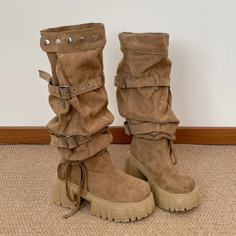 2026 New Niche Belt Buckle Large Tube Circumference Stacked Over The Knee Thick Sole Increasing Fashion Boots