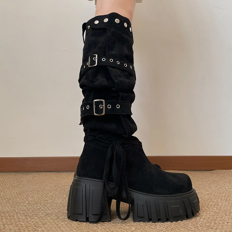 2026 New Niche Belt Buckle Large Tube Circumference Stacked Over The Knee Thick Sole Increasing Fashion Boots