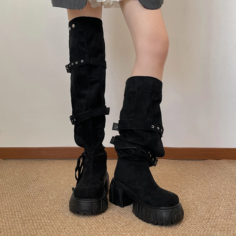 2026 New Niche Belt Buckle Large Tube Circumference Stacked Over The Knee Thick Sole Increasing Fashion Boots