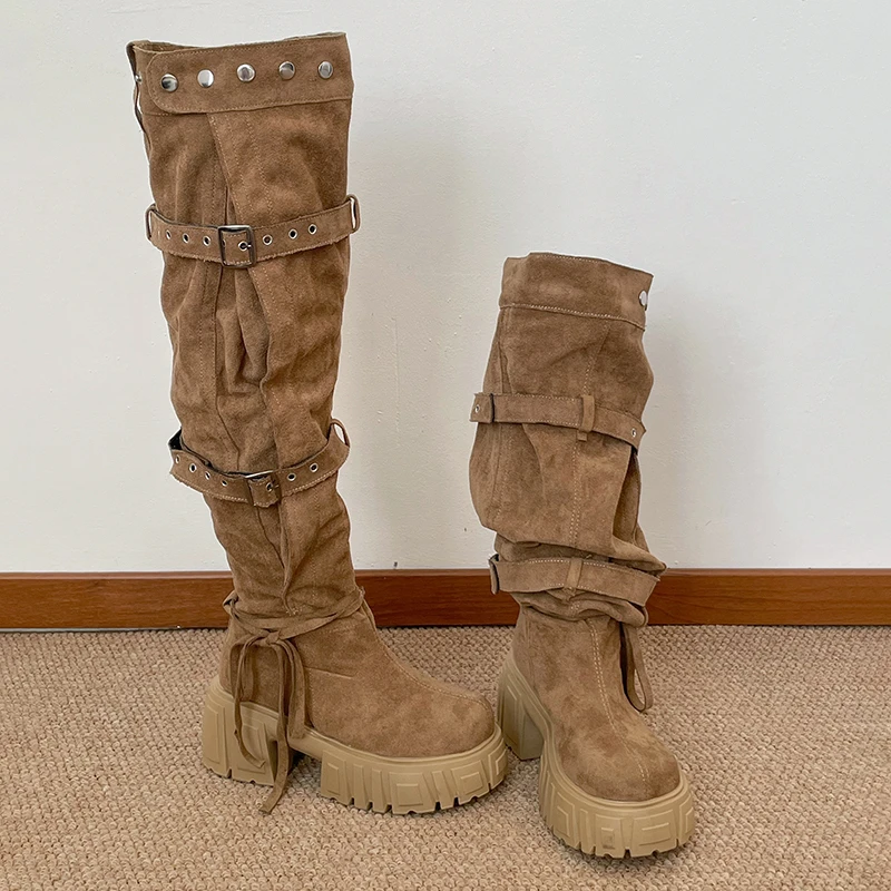 2026 New Niche Belt Buckle Large Tube Circumference Stacked Over The Knee Thick Sole Increasing Fashion Boots