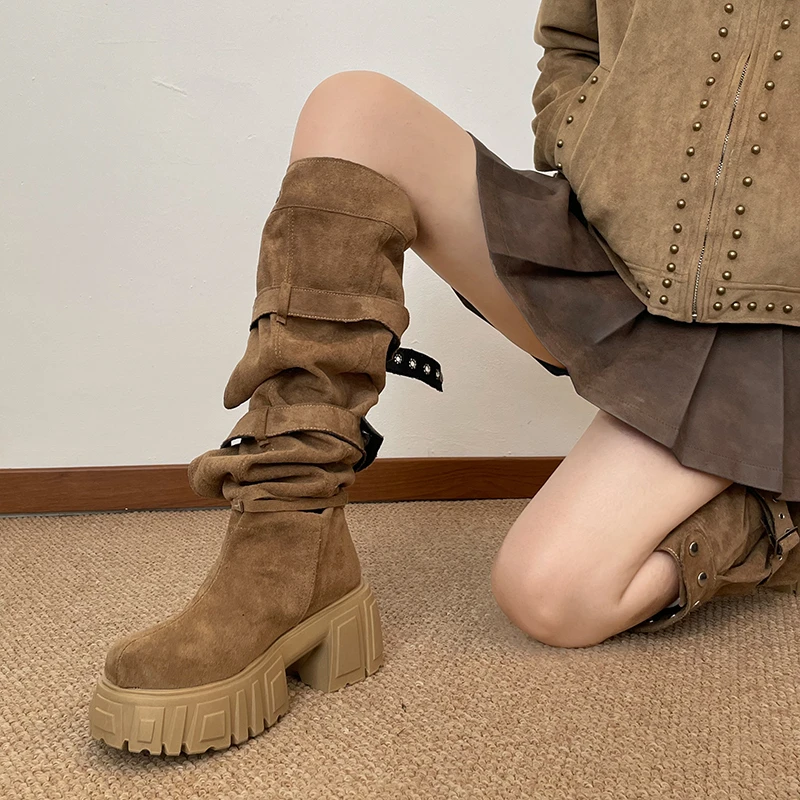 2026 New Niche Belt Buckle Large Tube Circumference Stacked Over The Knee Thick Sole Increasing Fashion Boots