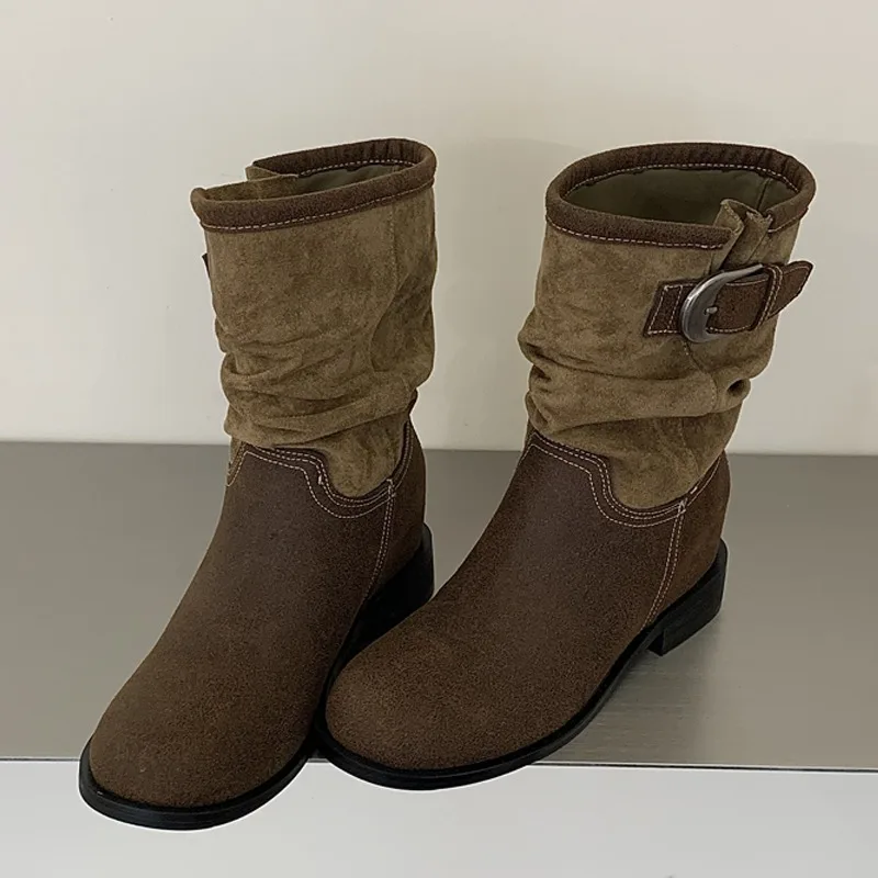 Eilyken Retro Pleated Women's Ankle Boots Belt Buckle Short Boots Round Toe Low Heels Designer Elegant Casual Ladies Booties