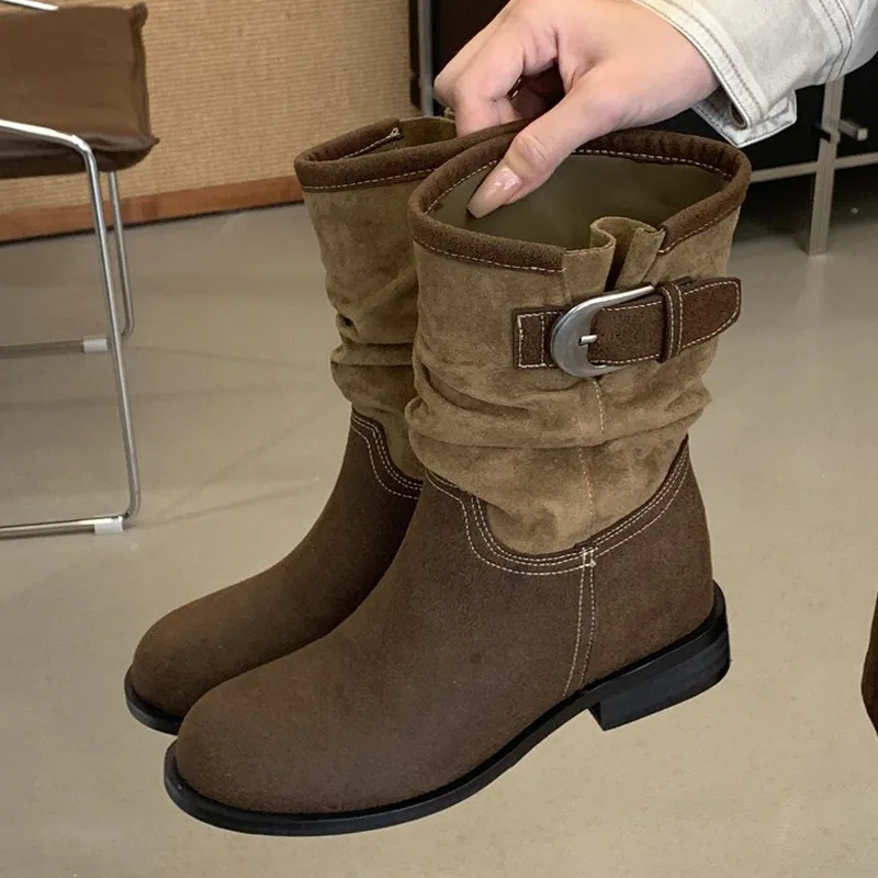 Eilyken Retro Pleated Women's Ankle Boots Belt Buckle Short Boots Round Toe Low Heels Designer Elegant Casual Ladies Booties