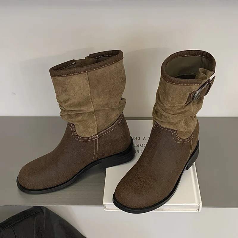 Eilyken Retro Pleated Women's Ankle Boots Belt Buckle Short Boots Round Toe Low Heels Designer Elegant Casual Ladies Booties